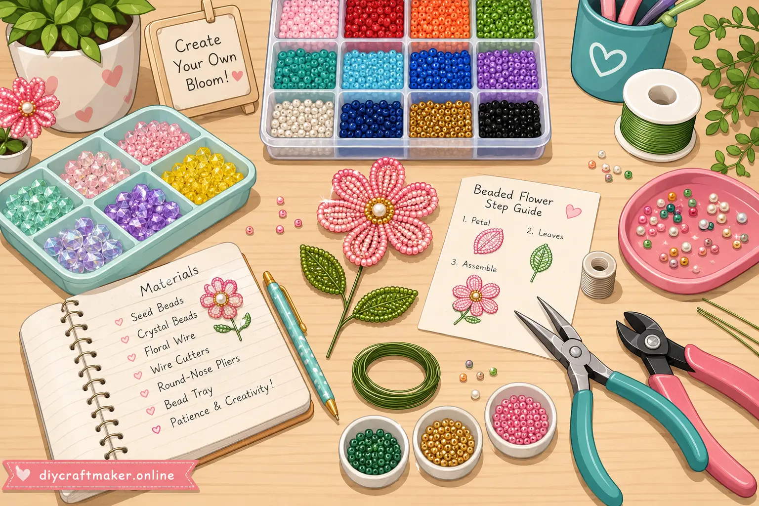 Beading tools and colorful beads prepared for flower making