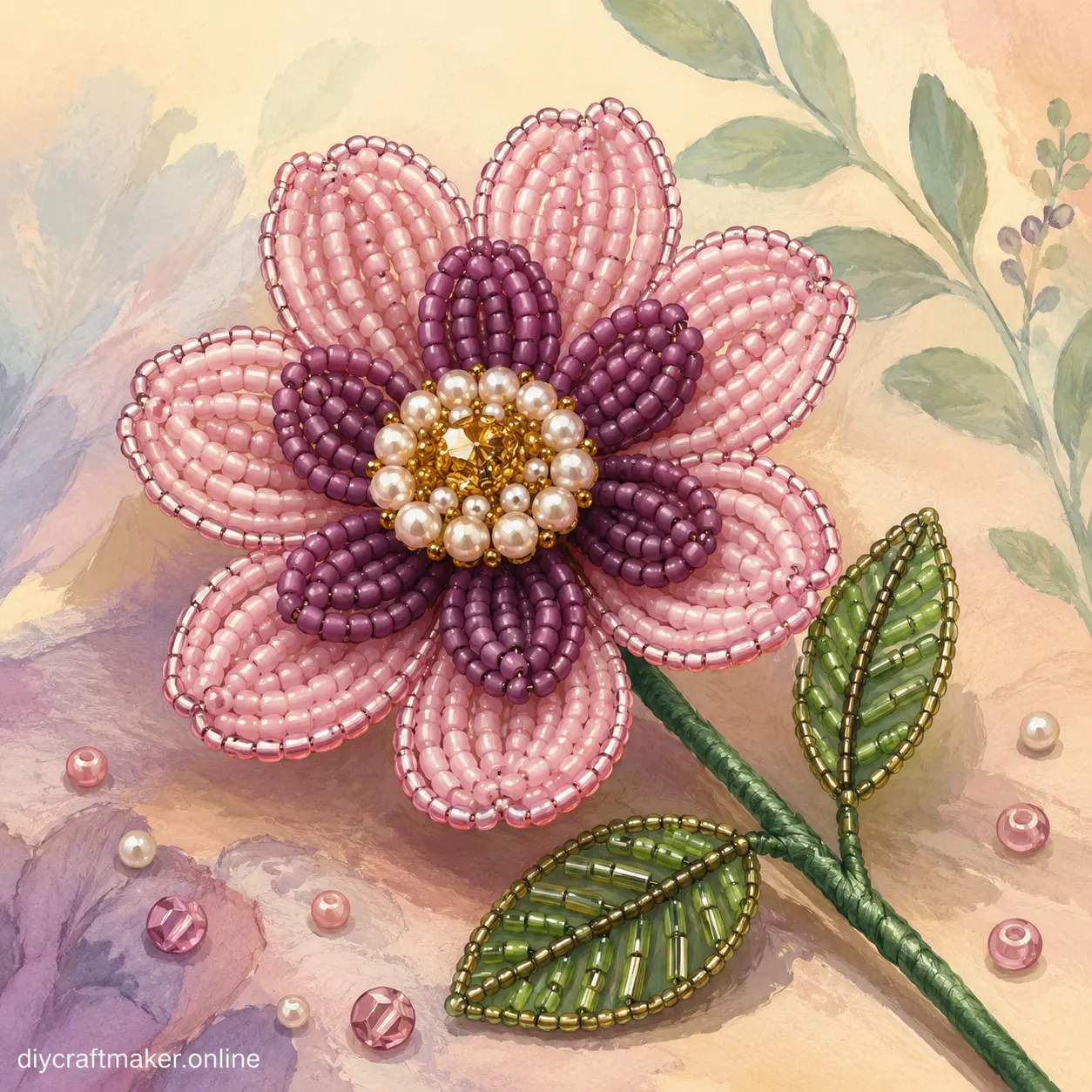 Layered beaded flower assembled with textured petals