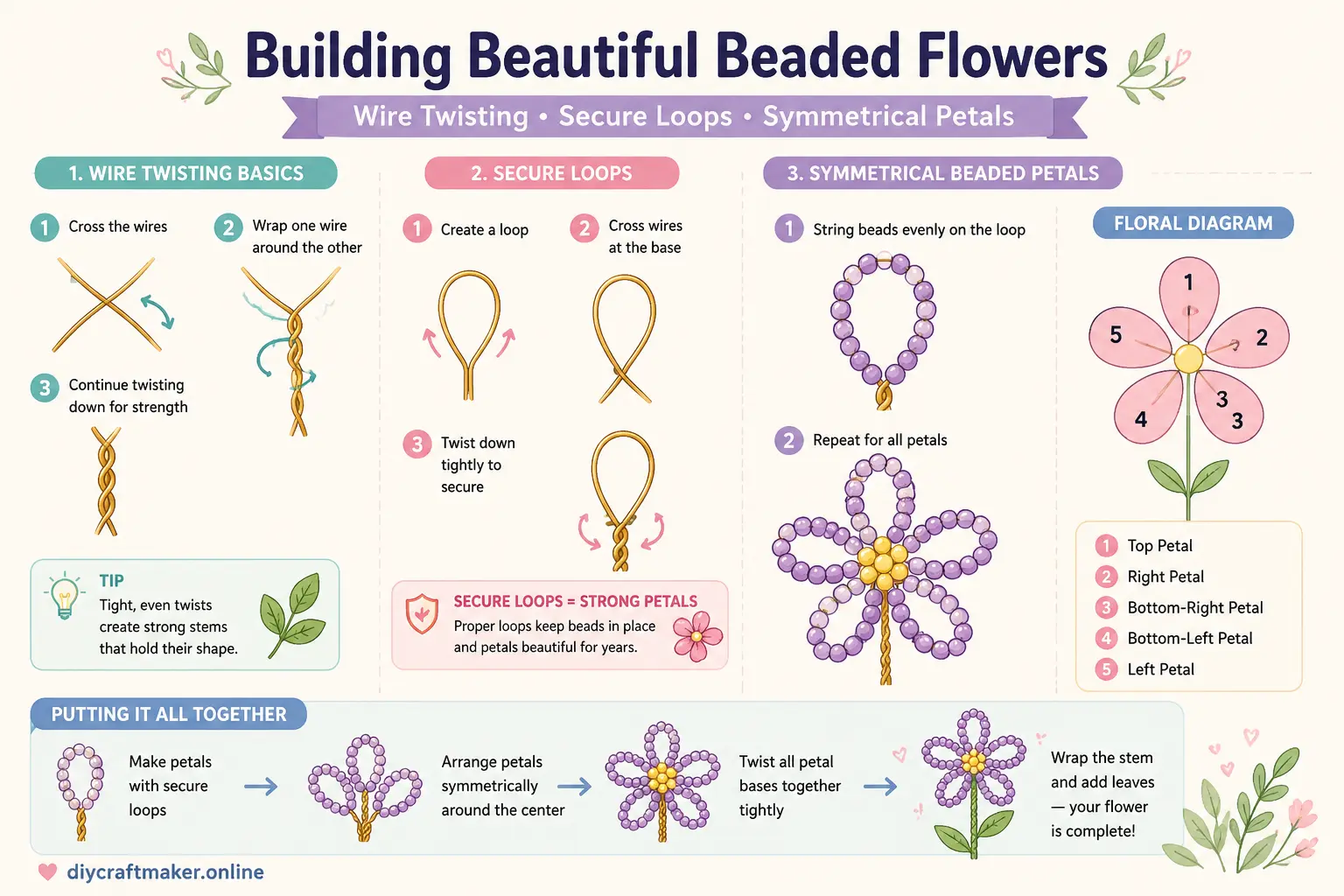 Creating balanced beaded flower petals with wire techniques